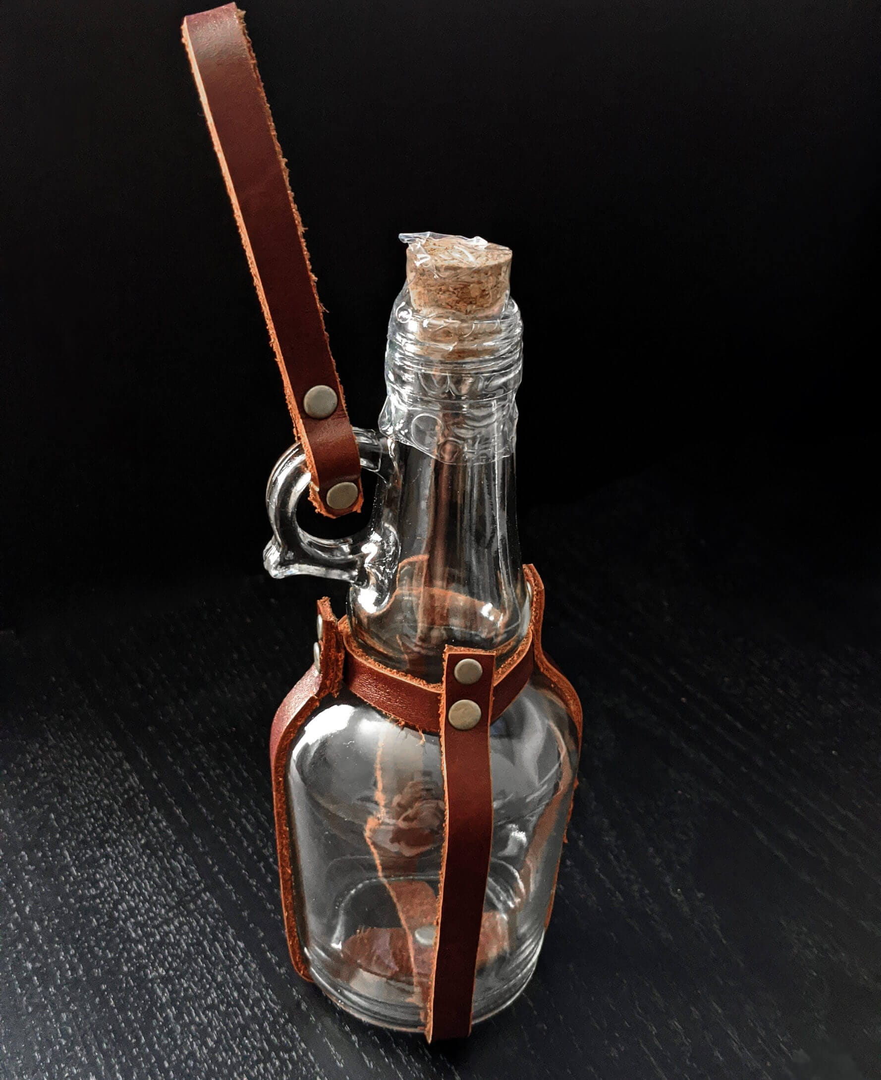 Glass Potion Bottle w/ Brown Leather & Center Strap Renaissance Pirate LARP 