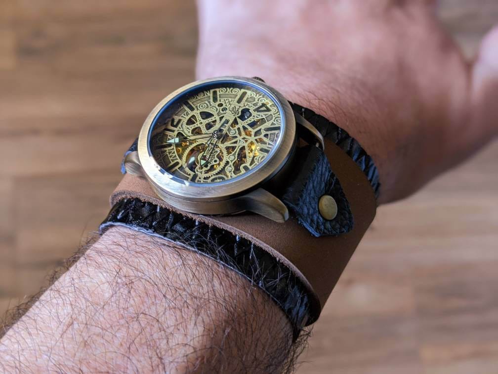 Aged Brown Steampunk Watch, Steampunk Wrist Watch, Leather Watch, Leather  Cuff Watch, Watch Cuff, Bracelet Watch 
