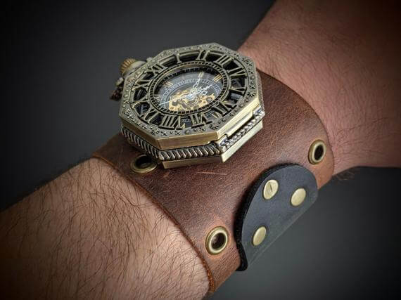 Wide double buckle leather watch cuff with steampunk watch face|Distressed  black | eBay