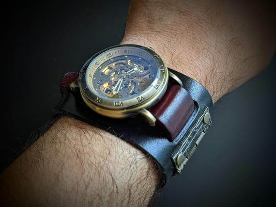 Leather Wrist Watch, Steampunk Watch, Leather Cuff Watch, Bracelet Watch,  Wide leather bracelet, Leather Strap Watch – J&J Leather, Steampunk and  Watches