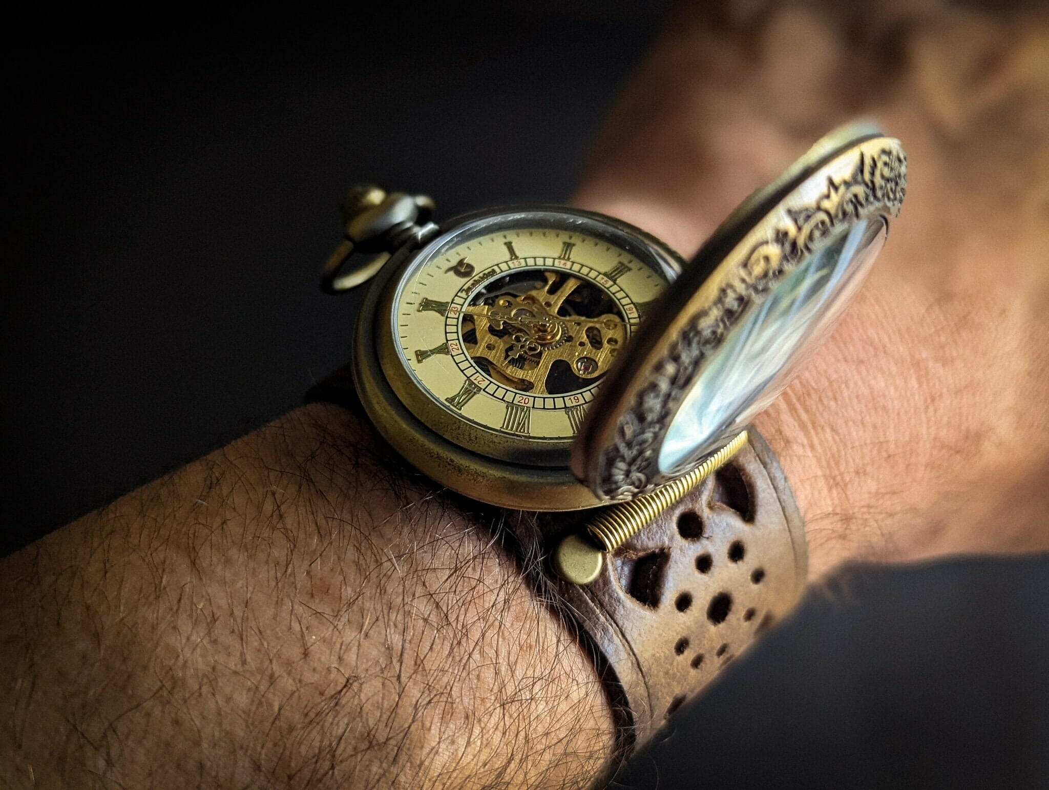 Men's Leather Watch, Steampunk Watch, Vintage Wrist Watch, Mechanical Watch,  Brown Leather Cuff, Watch Cuff, Leather Bracelet, Watch Band 
